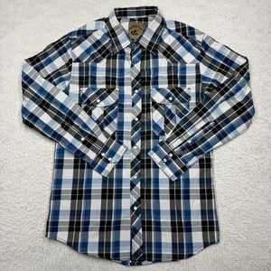 Coevals Club Western Shirt Blue Plaid‎ Long Sleeve Pearl Snap Men's Size Small